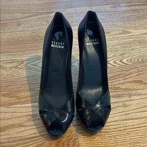 Stuart Weitzman Black Leather Peep-Toe Heels